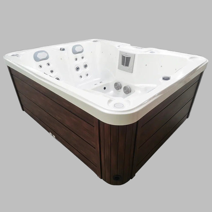 Hot tub with wooden exterior and white interior on a white background