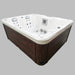 Hot tub with wooden exterior and white interior on a white background